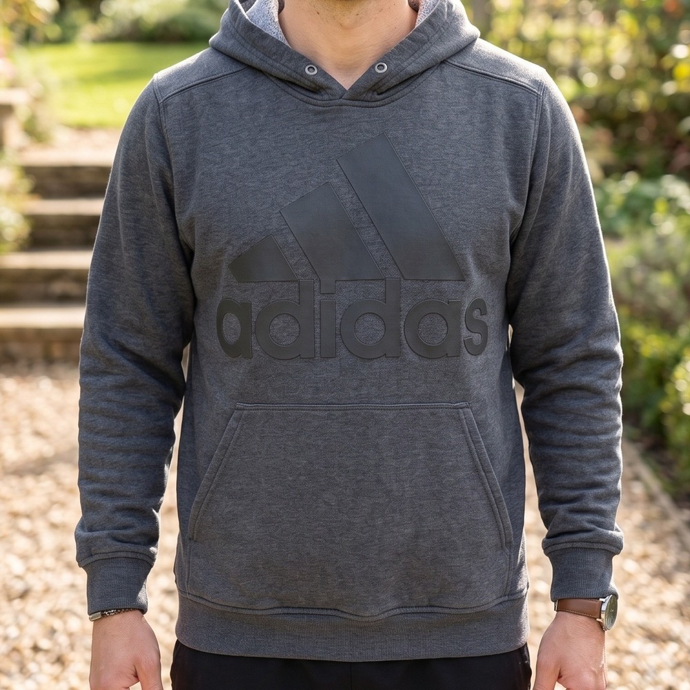 Adidas Badge of Sport Pullover Hoodie Charcoal Gray Embossed Logo Sweatshirt